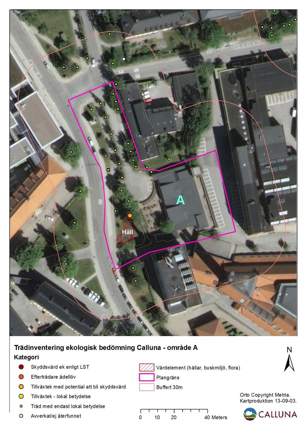 Karta 2. Kartan är en detaljkarta över område A och visar planområdets läge med 30 meters buffertzon (ungefärliga avgränsningar).