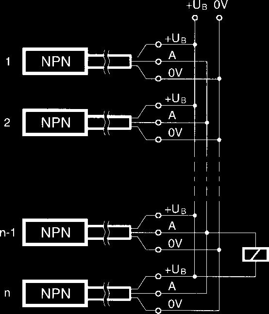 026, 50 032, 50 036, 50 037, 50 038, 50 040 NPN-utgång Utgångssteget består av en NPNtransistor som kopplar in lasten mot den negativa driftsspänningen (0 V).