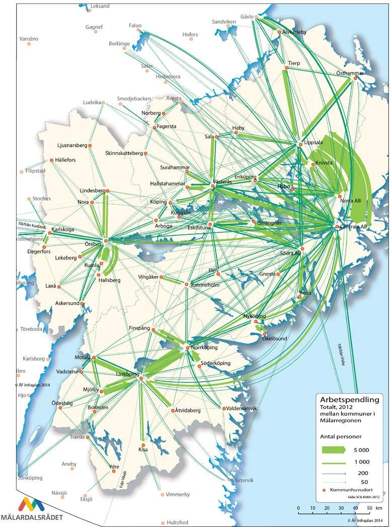 35(114) RAPPORT 2016-11-14 Version Diarienummer TN-2015-0017 Infosäk. klass K1 (Öppen) Figur 5 Arbetspendling i Mälardalen-Östergötland år 2012. Källa: Mälardalsområdet - regional funktionsanalys.