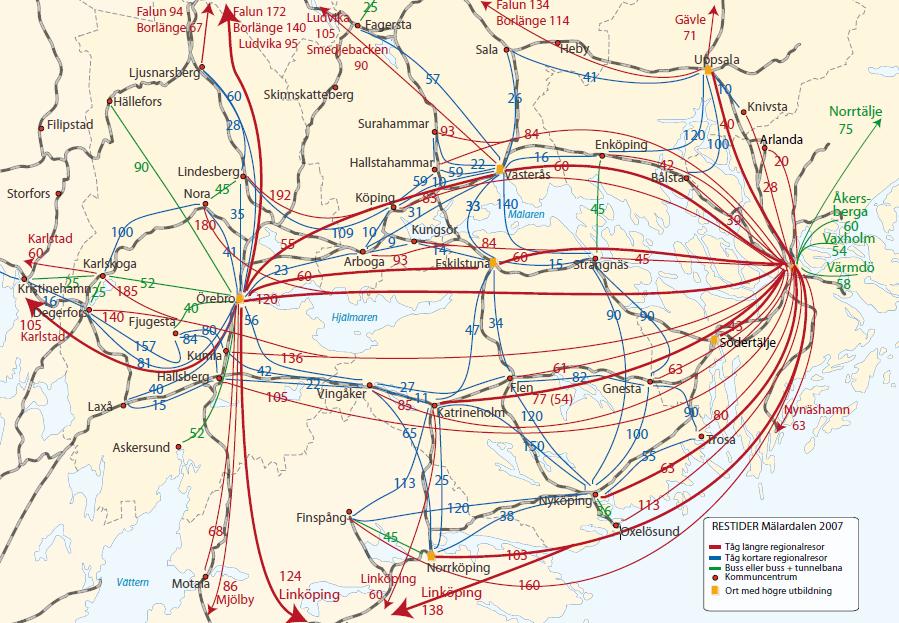 36(114) RAPPORT 2016-11-14 Version Diarienummer TN-2015-0017 Infosäk. klass K1 (Öppen) Figur 6 Restider ombord fordon med kollektivtrafik i Mälardalen och i anknytande stråk.