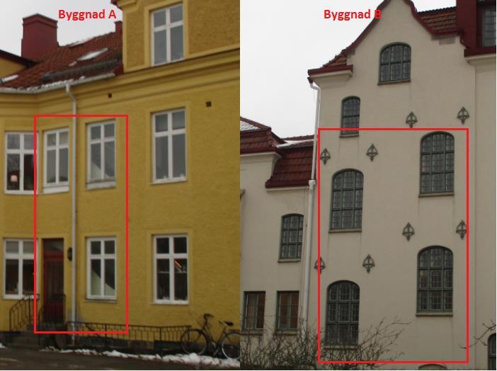 Fasadbeklädnad på befintliga byggnader består av puts. Nybyggnad förutsätts utföras med obrännbar fasadbeklädnad och med berörda ytterväggar i minst klass EI 60.
