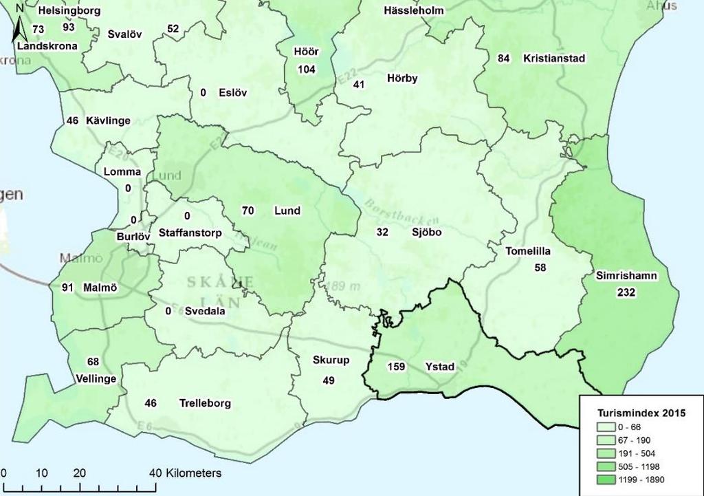 Turismindex Kartan illustrerar ett turismindex för Ystad kommun samt omkringliggande kommuners index.