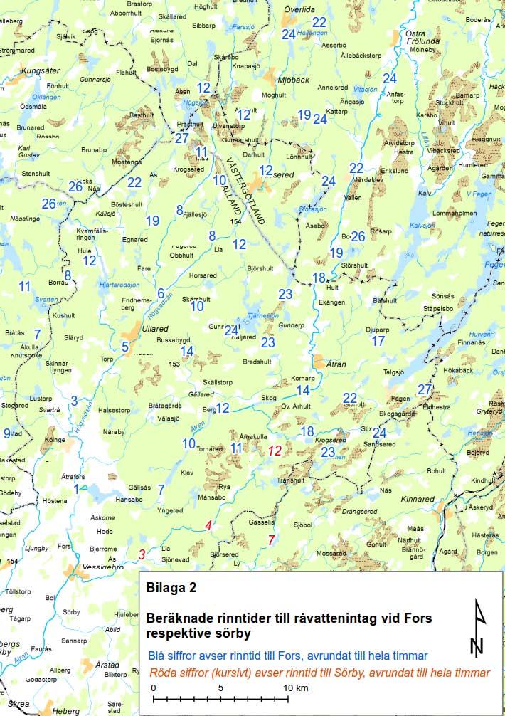Siffrorna visar tiden det tar för vattnet att rinna till intagspunkten i Fors