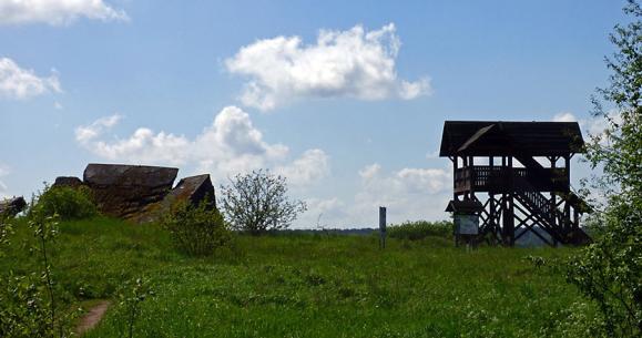 Ett av tornen i Osowiec-Twierdza. Jämte syns en kvarlämnad betongfundament från kriget. Foto: Gigi Sahlstrand I detta område finns två fågeltorn och en lång spång att vandra på.