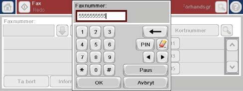 4. Tryck på rutan Faxnummer för att öppna knappsatsen. 5. Ange telefonnumret med hjälp av knappsatsen och tryck sedan på knappen OK. 6. Tryck på ikonen Starta för att skicka faxet.