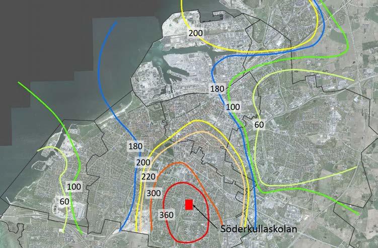 SOU 2017:42 Dagvatten Figur 5.2 Karta över Malmö, nederbördsmängderna vid skyfallet Bild: Susanne Steen Kronborg, VA SYD/ Claes Hernebring, DHI.