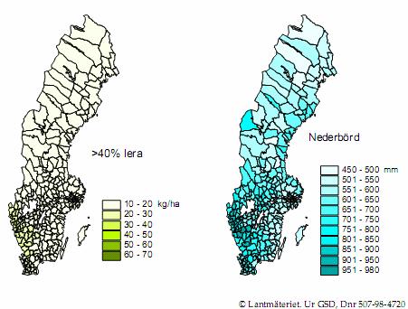 Figur 1 forts. Kommunvis grundutlakning för de fem lerjordsklasserna samt årsmedelnederbörd enligt smhi (1961-90) (Källa: Aronsson, H & Torstensson G 2004.