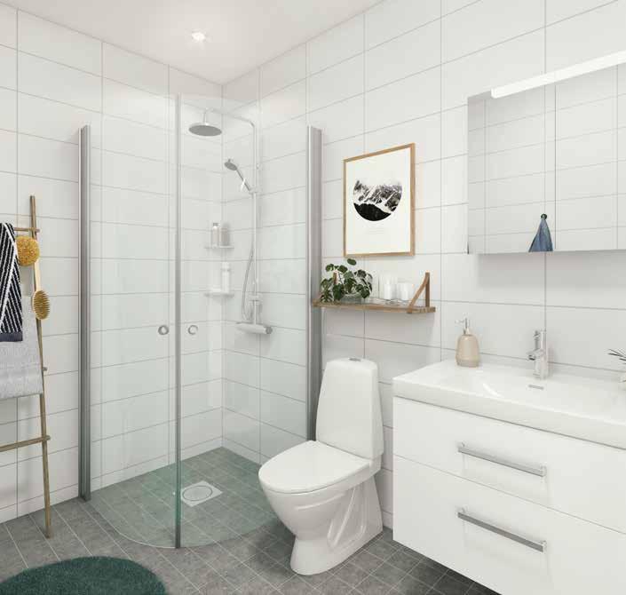 Badrum-Vårt val Ett badrum ska hålla länge, både funktions- och designmässigt. Därför har vi valt ett vitt kakel på väggarna och ett grått klinkergolv.