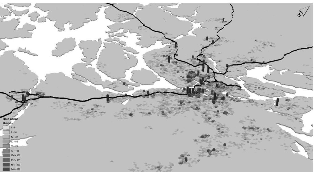 Källa: Larsson (2016) Yrken som har mycket att vinna på kunskapsutbyte, lärande och interaktiva processer är samlokaliserade nära stadens centrum (men även utanför regionens centrum och i kommunernas