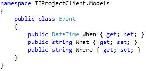 Klassen Event läggs till i Model-mappen, dess implementation ses nedan till höger. Det går att skicka en modell till en vy, t.ex.