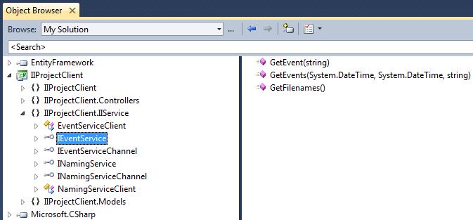 Under det tidigare valda namespace IIService har det skapats ett antal klasser och interface, dessa skapas utifrån