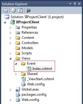 Index-vyn som skapats placeras i mappen Views och i undermappen Event, alltså en mapp med samma namn som den Controller som vi skapade vyn ifrån.
