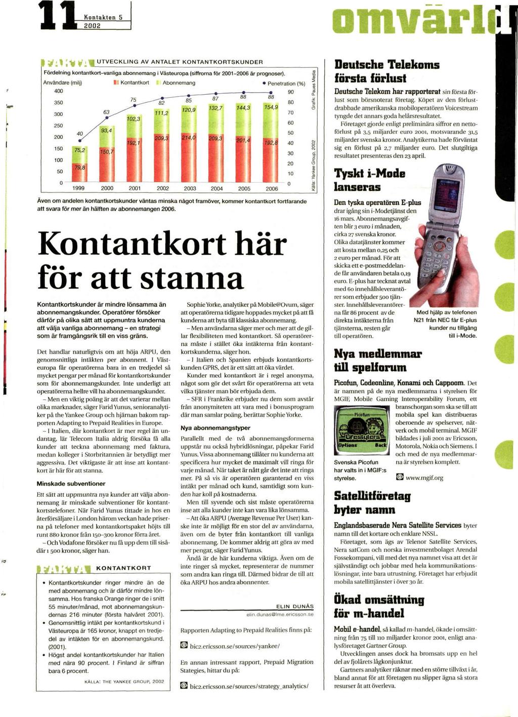 11 omvärlil UTVECKLING AV ANTALET i*:*;** * KONTANTKORTSKUNDER Fördelning kontantkort-vanliga abonnemang i Västeuropa (siffrorna för 2001-2006 är prognoser).