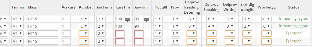 Statusfältet i slutet av varje rad visar om allt är korrekt inmatat.