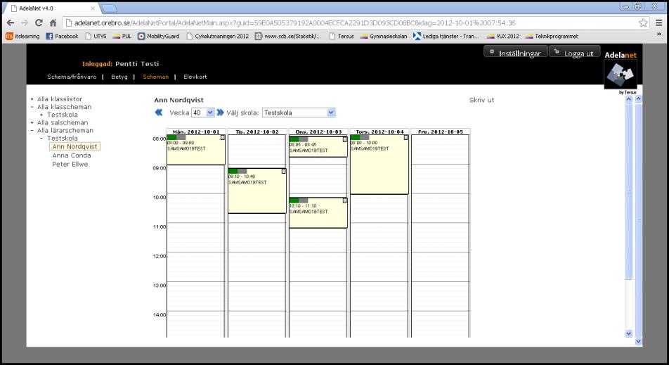 Scheman Under menyn Schema finns övriga scheman. Alla klasslistor innehåller endast namn. Alla klasscheman visar klassernas scheman. Därifrån går ej att föra frånvaro.