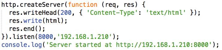 Figur 11 Skapar en webbserver som lyssnar på port 8000 och IP-adress 192.168.1.210. Figur 12 Starta en webbserver via Node.js. Figur 13 Index.html via webbservern som skapats med Node.js. Servern fungerar och JavaScriptet lyckades läsa in index.