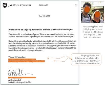 Så här såg polisanmälan ut (socialnämndens sekreterare mejlade en kopia till oss). På den anonymiserade bilden ser du två av oss som delade ut flygblad.