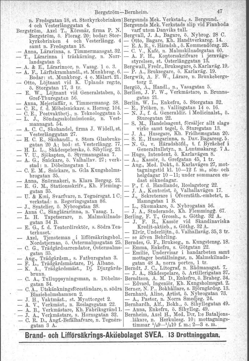 BergströmBernheim. 47 n. Fredsgatan.18,st. Storkyrkobrinkenj Bergsun. ds Mek. Verkstad., s. Ber.gsund..4 och Vesterlånggatan 4. Bergsunds Mek. Verkstads slip vid Finnboda Bergström, Axel T.