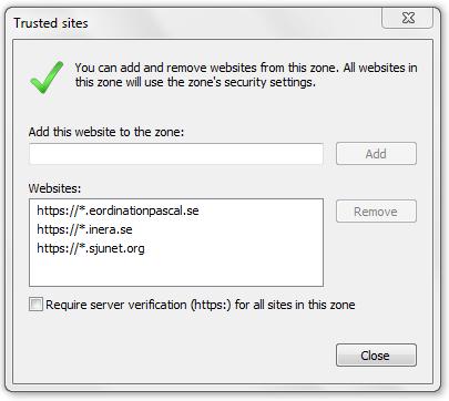 Lägg till följande domäner under fliken Säkerhet Betrodda platser - Platser i Internet Explorer: https://*.eordinationpascal.se https://*.