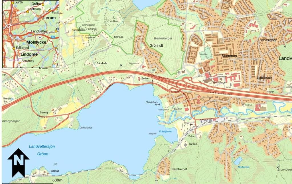 1 Miljöförutsättningar och intressen De aktuella sträckorna av väg 549 ligger väster om Landvetter centrum, mellan Charlottenlund och Slamby i Härryda kommun. Se Figur 1.