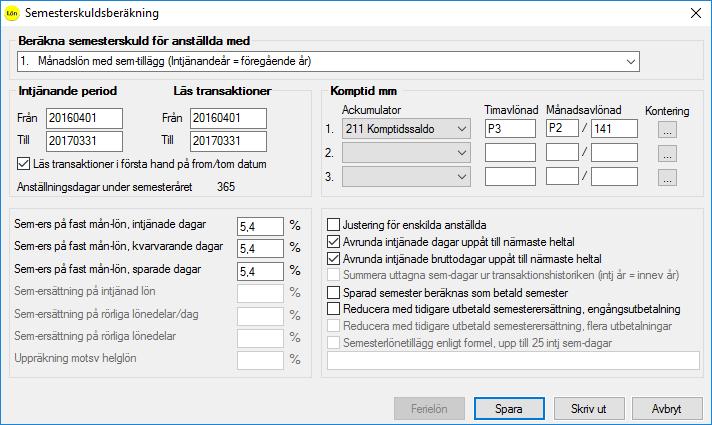 Inställningar per semesteravtal När du gjort dina val i första bilden, de generella inställningarna, och klickar på OK kommer du till de inställningar du ska göra per semesteravtal.