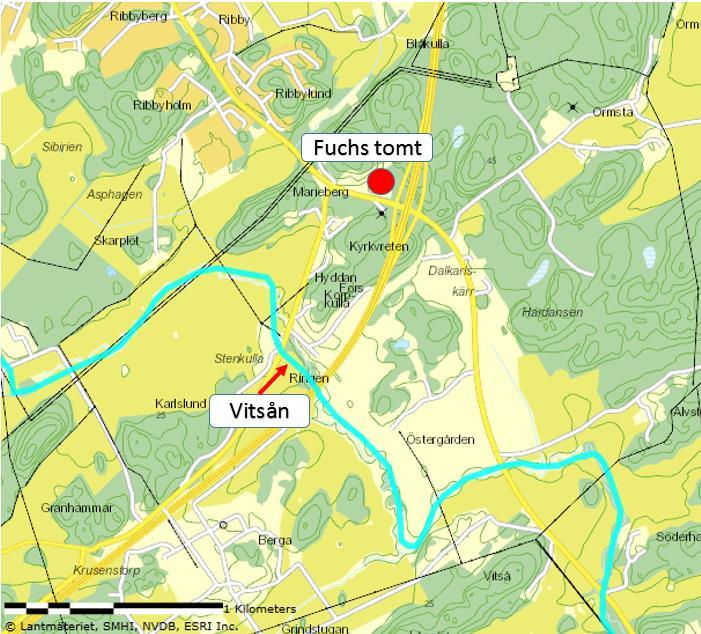 Närmaste vattendrag är Vitsån, ca 600 m från fastigheten, se Figur 4.