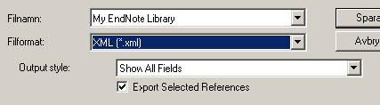 Välj Filformat = XML och Output style = Show all fields. Spara filen på din dator. I DiVA väljer du EndNote XML under Välj format.
