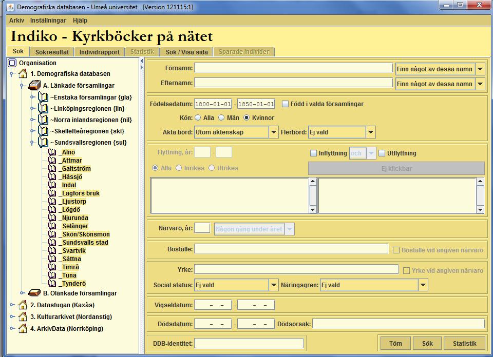 FIGUR 1. Användargränssnittet i Demografiska Databasens sökmotor Indiko - kyrkböcker på nätet.