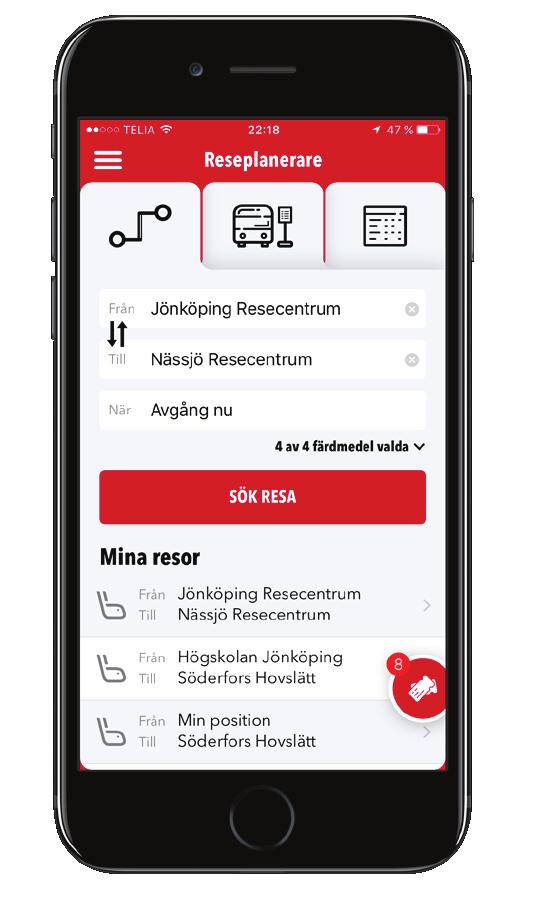Välj Sök resa i menyn i JLT-appen 2.