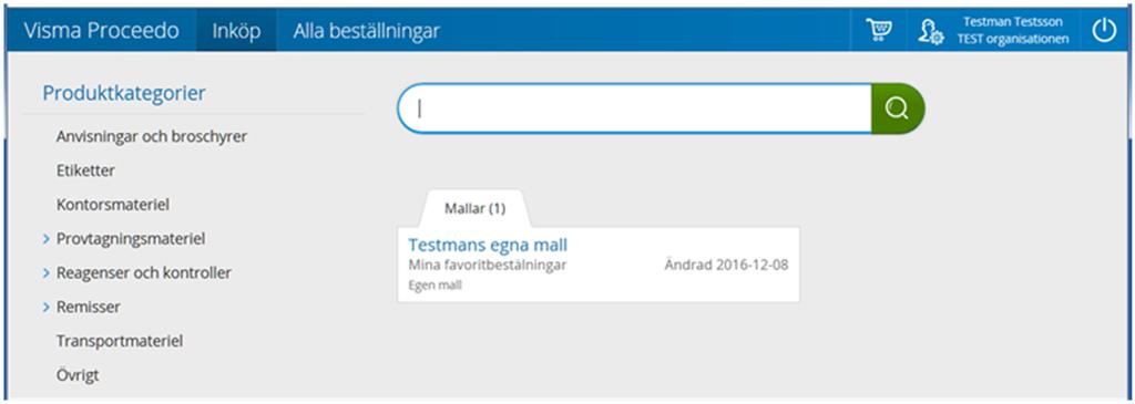 4 (14) Snabbguide för beställning 1. Tryck på fliken Inköp. En sida med produktkategorier och sökfält visas. Har du skapat egna beställningsmallar syns de också.