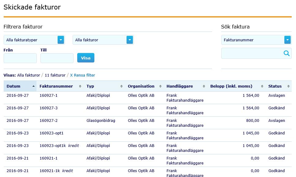 6.1.2 Sök fakturor Under Sök fakturor kan man sortera, filtrera och söka på redan skickade fakturor.