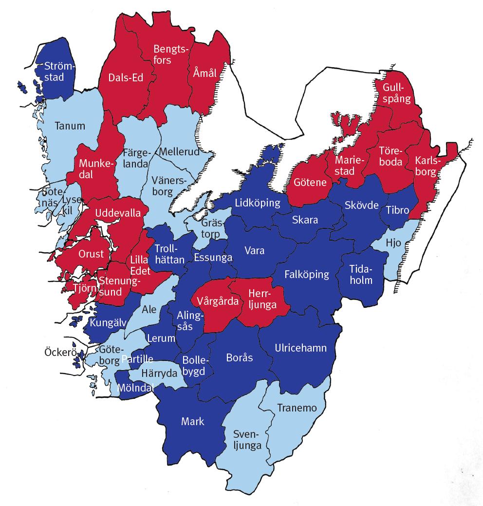 Gradering av kommunerna i Västra Götalands län 006 utifrån den finansiella profilen Förklaring, kartan Kartan på denna sida bygger på att kommunerna i Västra Götaland graderas efter hur finansiellt