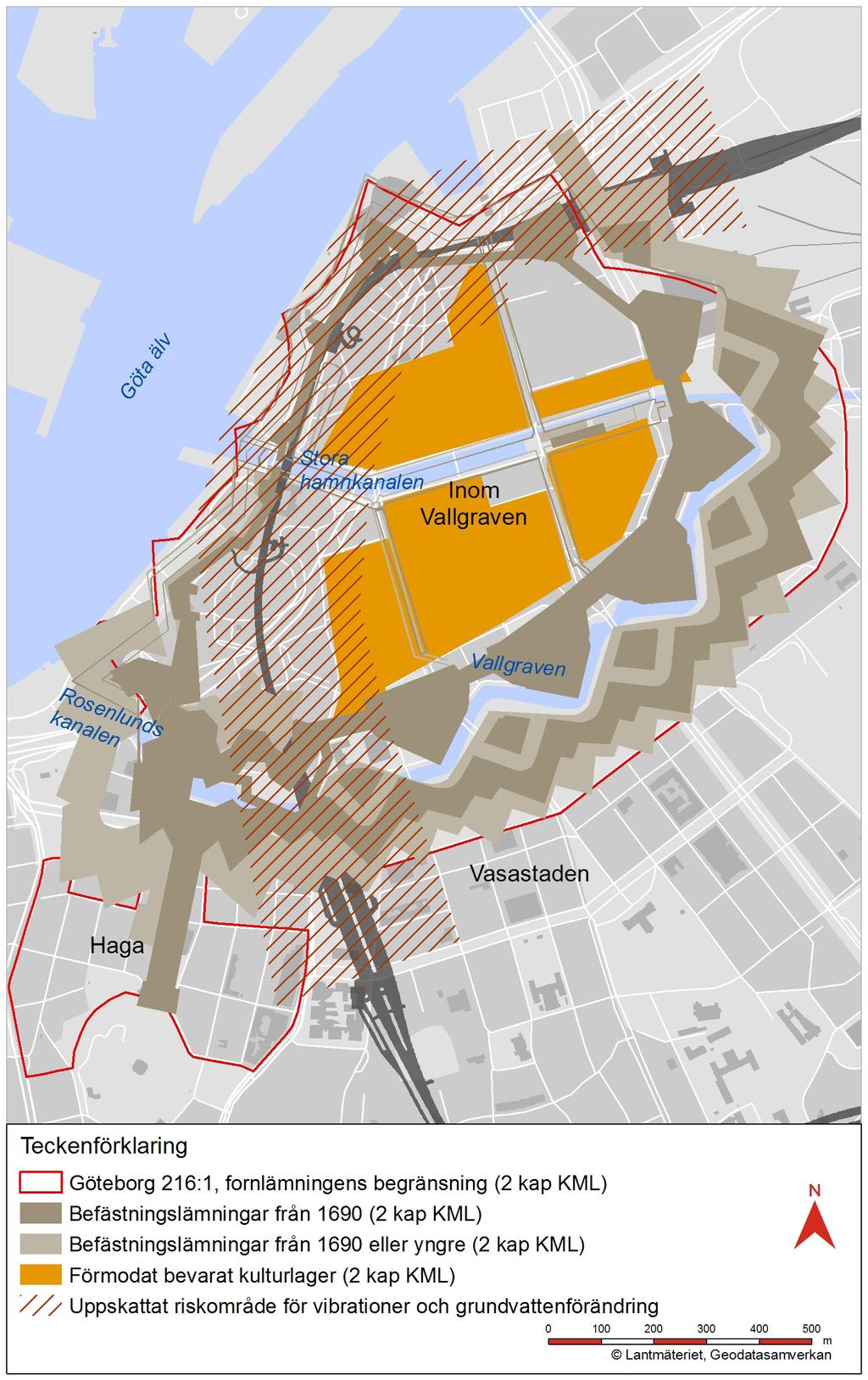 Figur 8.1: Karta över området där risken för markvibrationer på grund av tunnelbyggnationen bedöms som störst (randig markering).