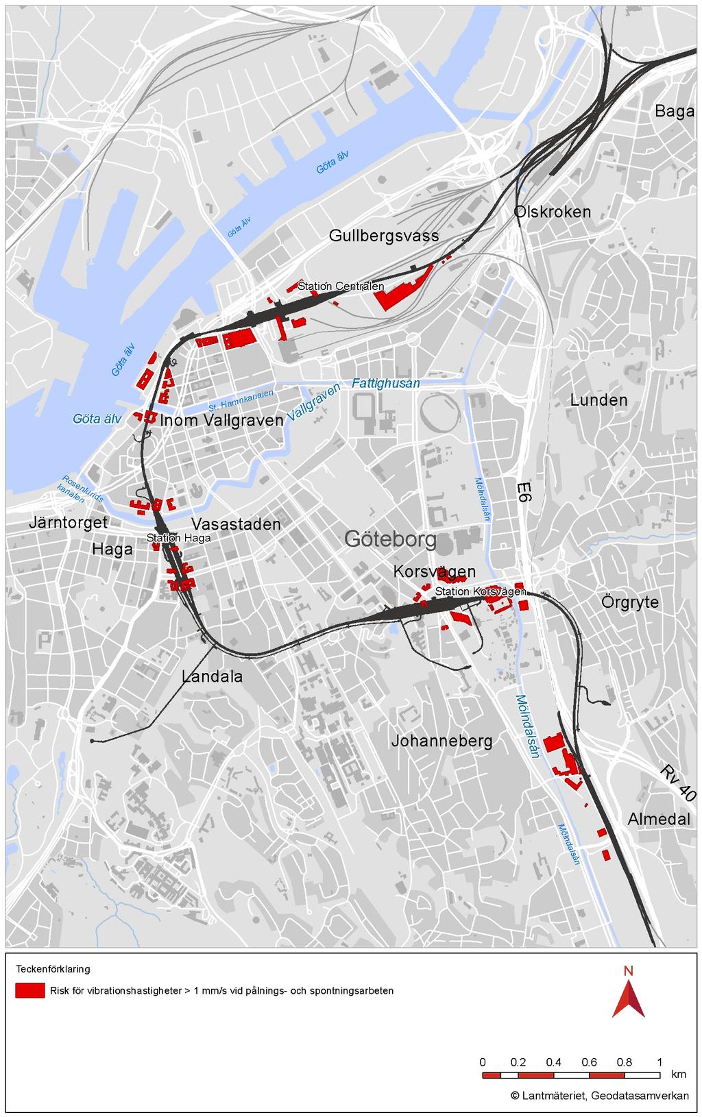 Figur 8.2: Byggnader där risk för vibrationshastigheter över 1 mm/s vid pålnings- och spontningsarbeten kan uppstå.