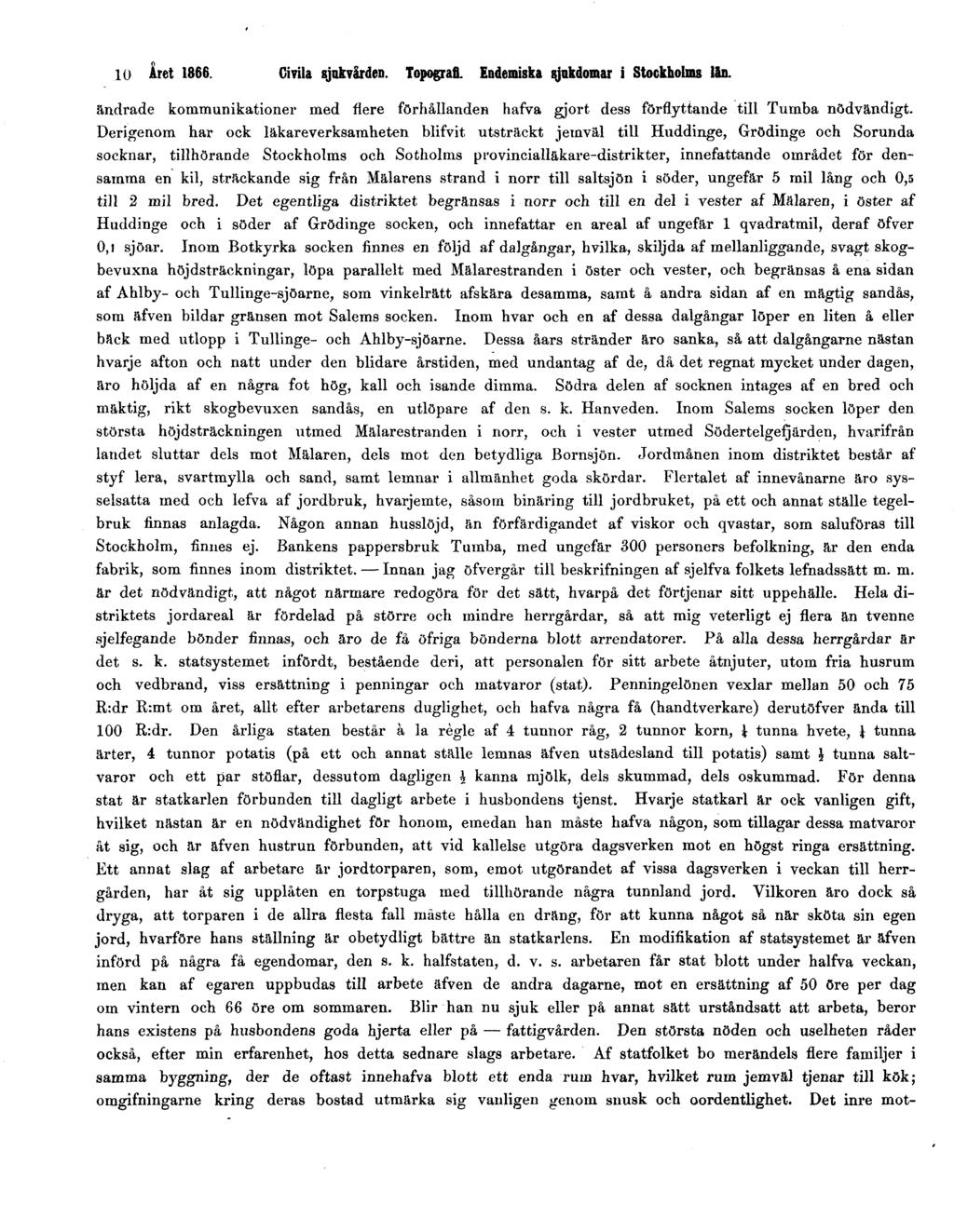 10 Året 1866. Civila sjukvården. Topografi. Endemiska sjukdomar i Stockholms län. ändrade kommunikationer med flere förhållanden hafva gjort dess förflyttande till Tumba nödvändigt.