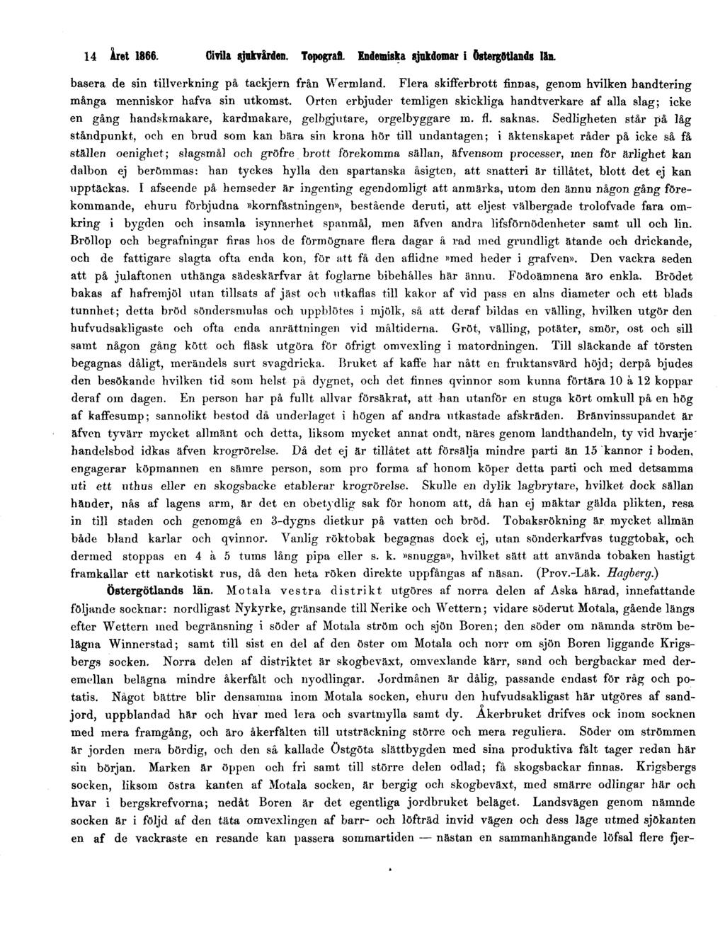 14 Året 1866. Civila sjukvården. Topografi. Endemiska sjukdomar i Östergötlands län. basera de sin tillverkning på tackjern från Werniland.