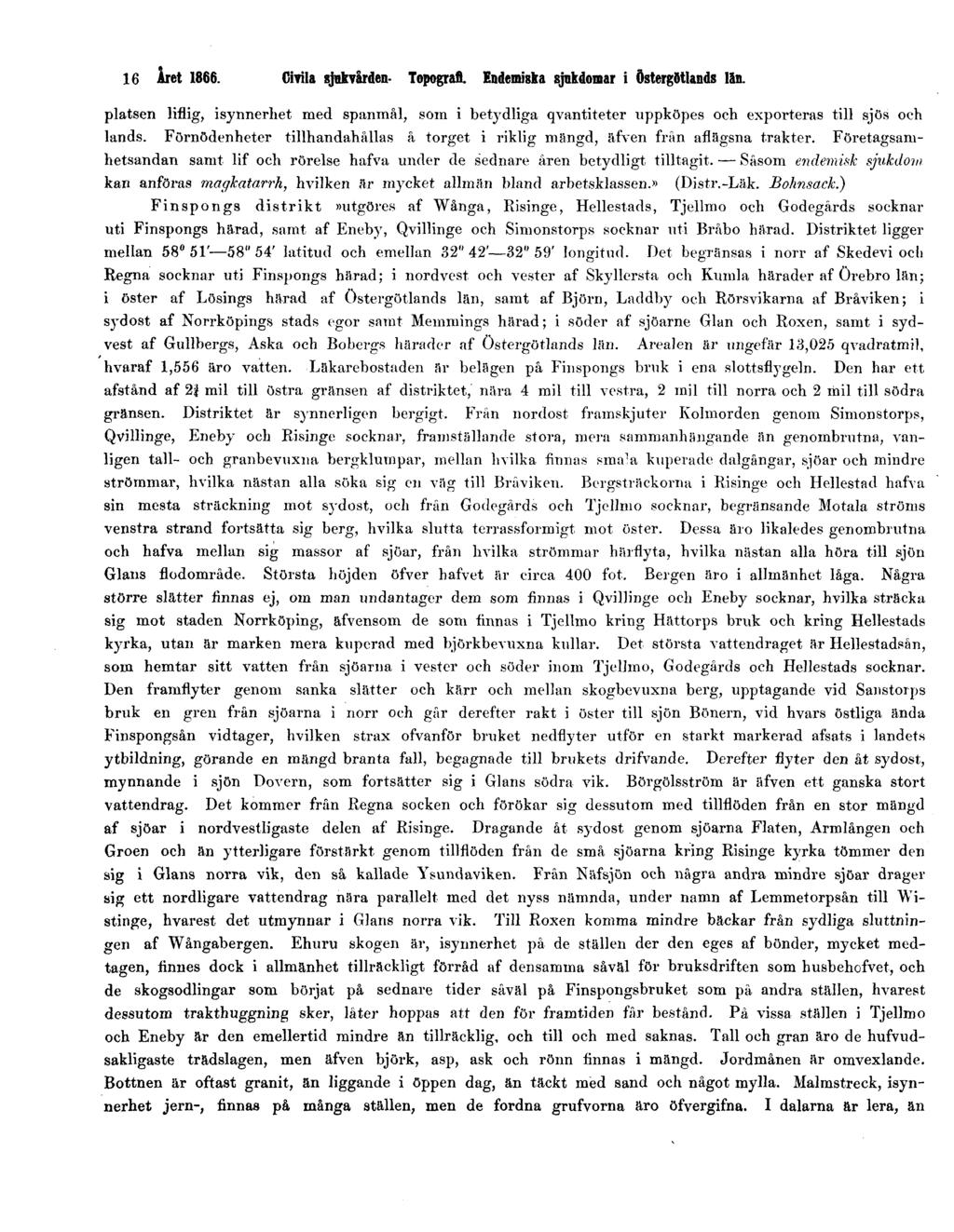 16 Året 1866. Civila sjukvården. Topografi. Endemiska sjukdomar i Östergötlands län. platsen liflig, isynnerhet med spanmål, som i betydliga qvantiteter uppköpes och exporteras till sjös och lands.