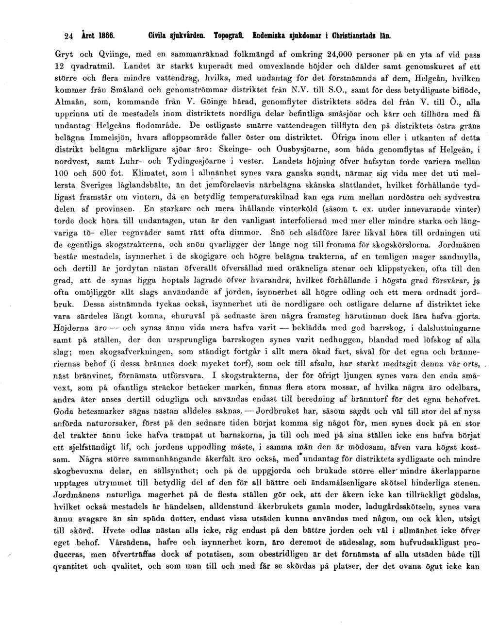 24 Året 1866. Civila sjukvården. Topografi. Endemiska sjukdomar i Christianstads län. Gryt och Qviinge, med en sammanräknad folkmängd af omkring 24,000 personer på en yta af vid pass 12 qvadratmil.