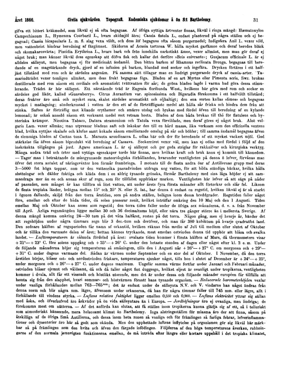 Året 1866. Civila sjukvården. Topografi. Endemiska sjukdomar å ön S:t Barthelemy. 31 gifva ett bittert kräkmedel, som likväl ej så ofta begagnas.
