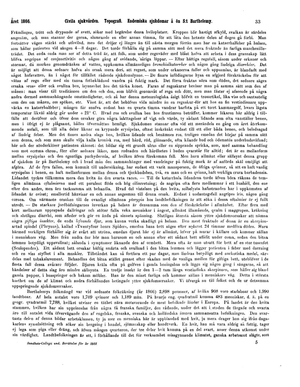 Året 1866. Civila sjukvården. Topografi. Endemiska sjukdomar å ön S:t Barthelemy. 33 Främlingen, trött och drypande af svett, söker med begärelse dessa hviloplatser.