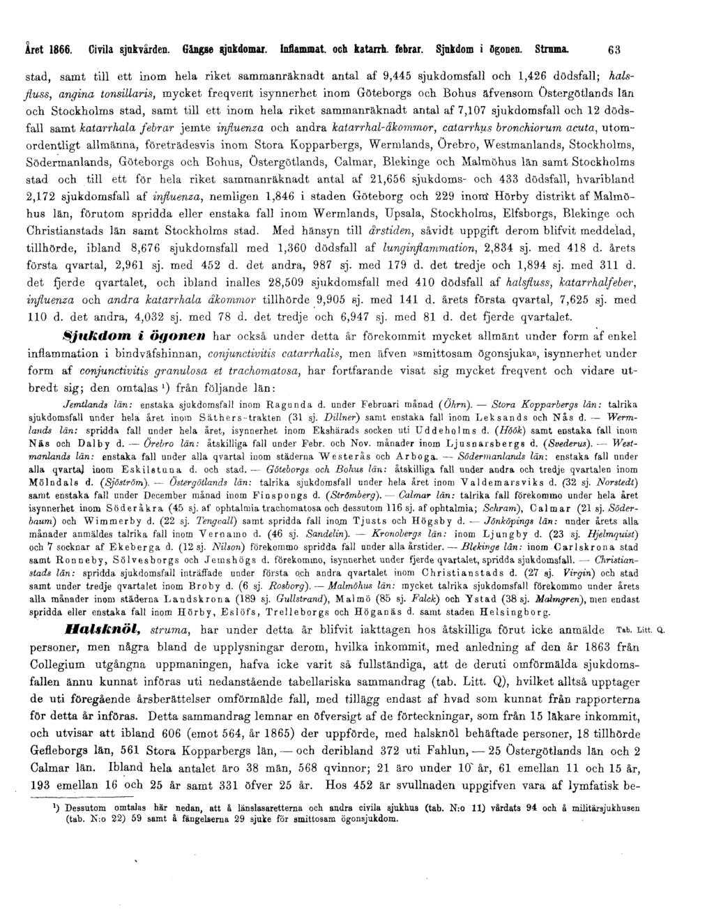 Året 1866. Civila sjukvården. Gängse sjukdomar. Inflammat. och katarrh. febrar. Sjukdom i ögonen. Struma.