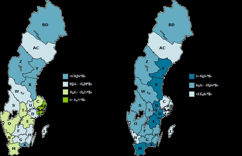 Förväntad procentuell sysselsättningsförändring (16-64 år) mellan kvartal 4 2016 och kvartal 4 2017 Inskrivna arbetslösa (16-64 år) som andel av registerbaserad arbetskraft, prognos kvartal 4 2017 AB