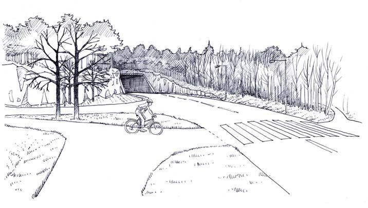 ILLUSTRATION AV OMRÅDET VID SÖDRA TUNNELMYNNINGEN Området mellan södra tunnelmynningen och Griffelvägen Mellan vägporten under Värmdöleden och den södra tunnelmynningen bildas en trevägskorsning där