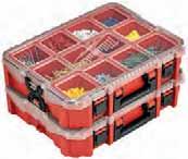 Sortimentsbox Monterbara fack: 10 löstagbara fack för att organisera skruvar, spikar, brickor, bits m.m. Stapla förvaringslådorna på varandra och fäst med klämmor på lådornas sidor för smidig transport.