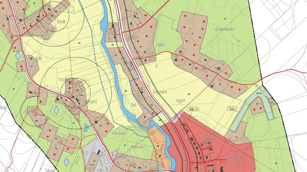 7 Bild 5. Utdrag ur Nederpurmo delgeneralplan (byggrätternas nuvarande placering märkt med röd cirkel och den tilltänkta platsen med blå stjärna). 4.