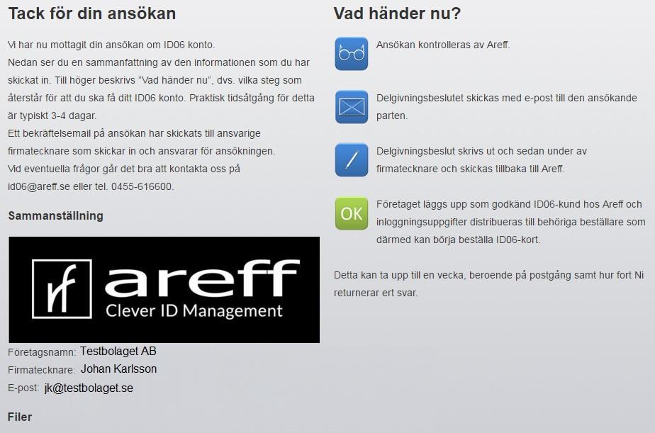 Nu har du slutför din ansökan om ID06 konto hos Areff, och du får nu en