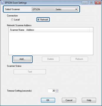 Bilaga Klicka på Gå > Program > Epson Software > Inställningar för EPSON Scan. 3. Välj den skanner som du vill använda i Välj skanner och klicka på Nätverk i Anslutning.