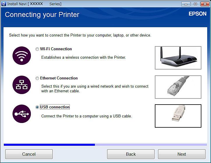 Ansluta skrivaren och en dator 4. Välj USB-anslutning på skärmen Anslut Skrivare. 5. Följ instruktionerna på skärmen.