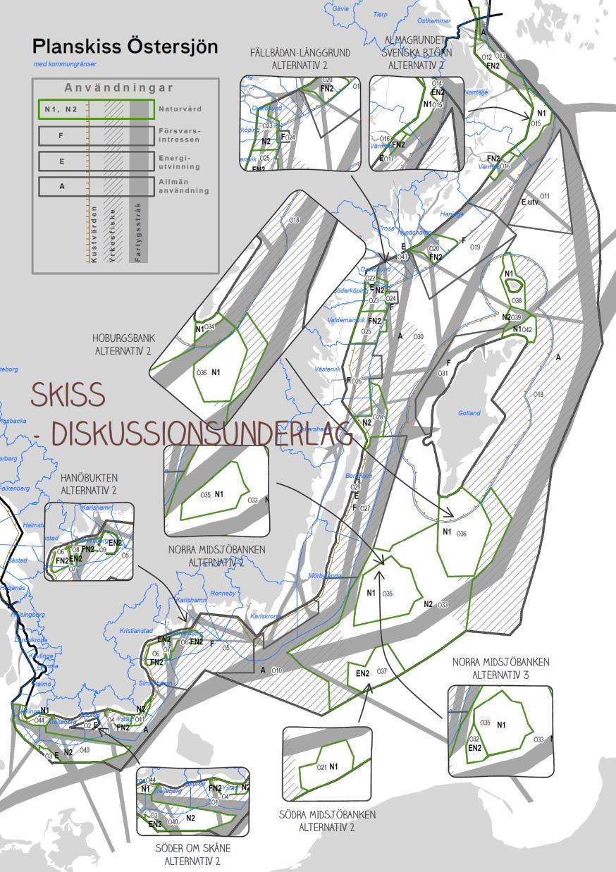 Alternativ Hanöbukten energi, försvar, sjöfart, yrkesfiske Söder om Skåne energi, försvar, sjöfart Hoburgs bank natur, sjöfart Norra Midsjöbanken energi,