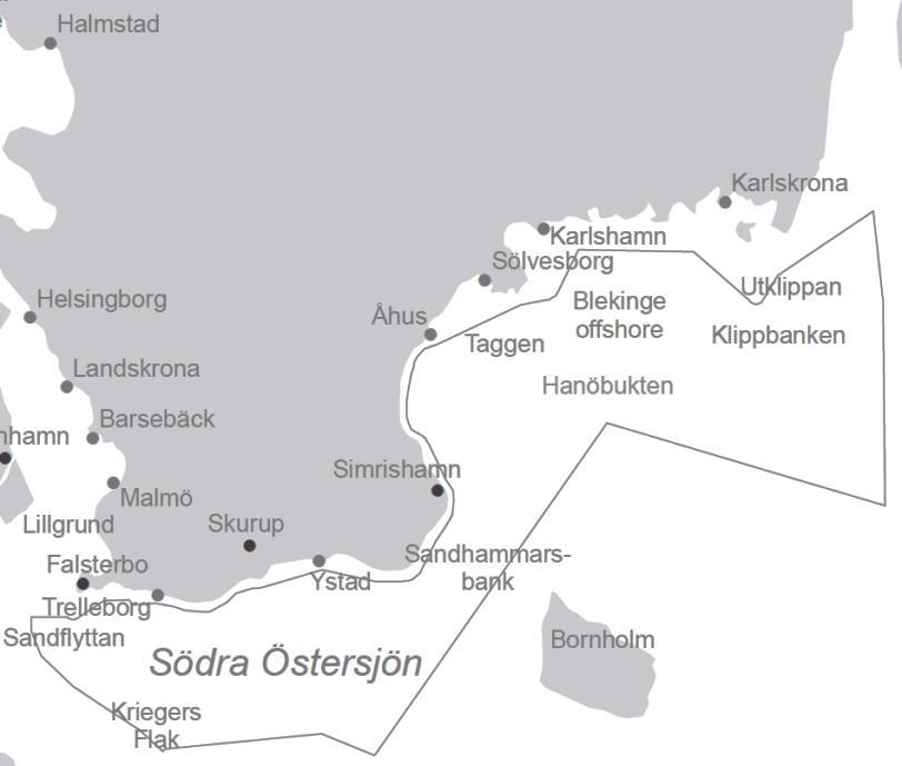Södra Östersjön Det mest trafikerade sjöfartsstråket i Östersjön går längs Sveriges sydkust Yrkesfiske i större delen av området Elproduktion i södra Sverige är prioriterad